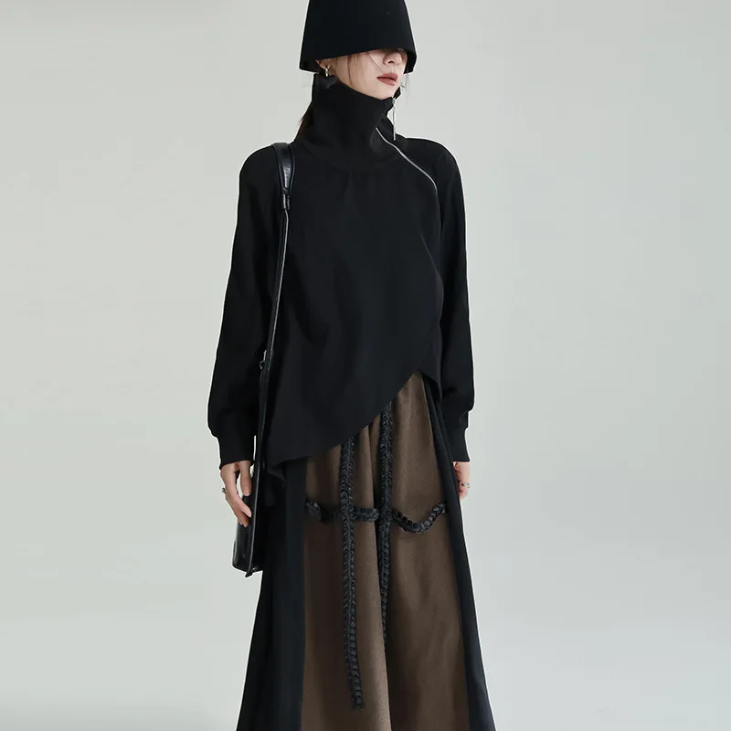 

2022 Autumn and Winter New Niche High Collar Zipper Sweater Women's Design Sense Dark Lazy Wind Loose Irregular Tops
