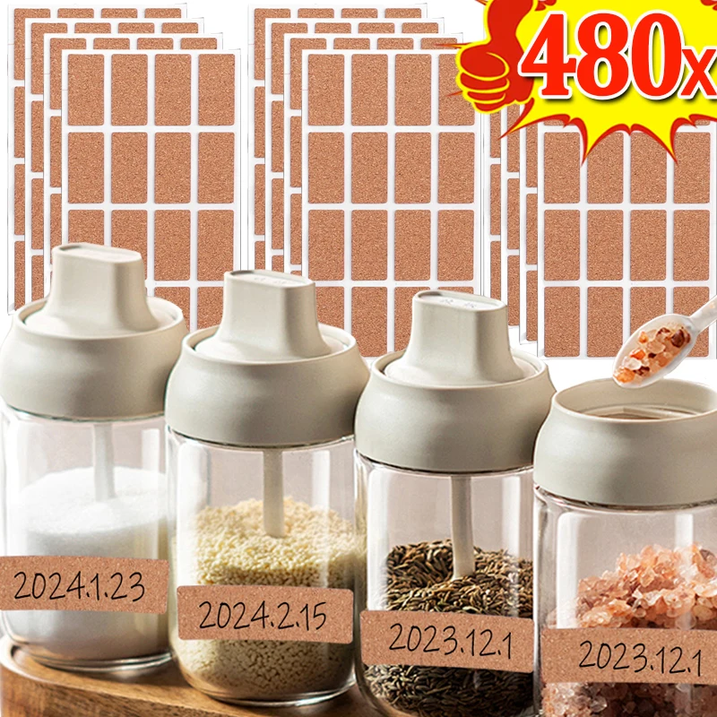 36/480PCS Cork Label Sticker Kitchen Spice Container Classification Tags Sticker DIY Self Adhesive Waterproof Decoration