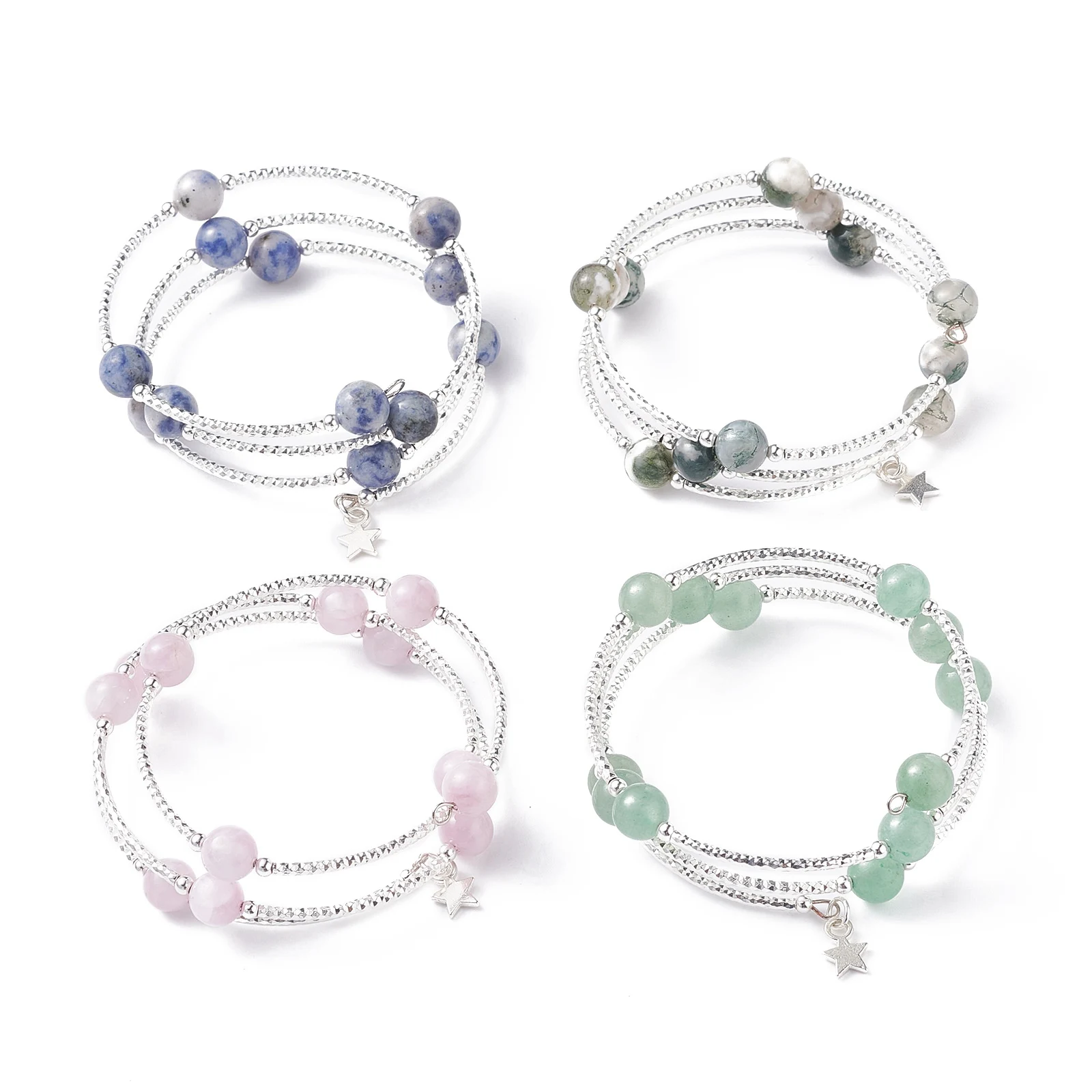 Kissitty 4Style Natural Mixed Stone Round Beaded Wrap Bracelets For Women 3 Loops With Tiny Star Bracelets Jewelry Findings Gift
