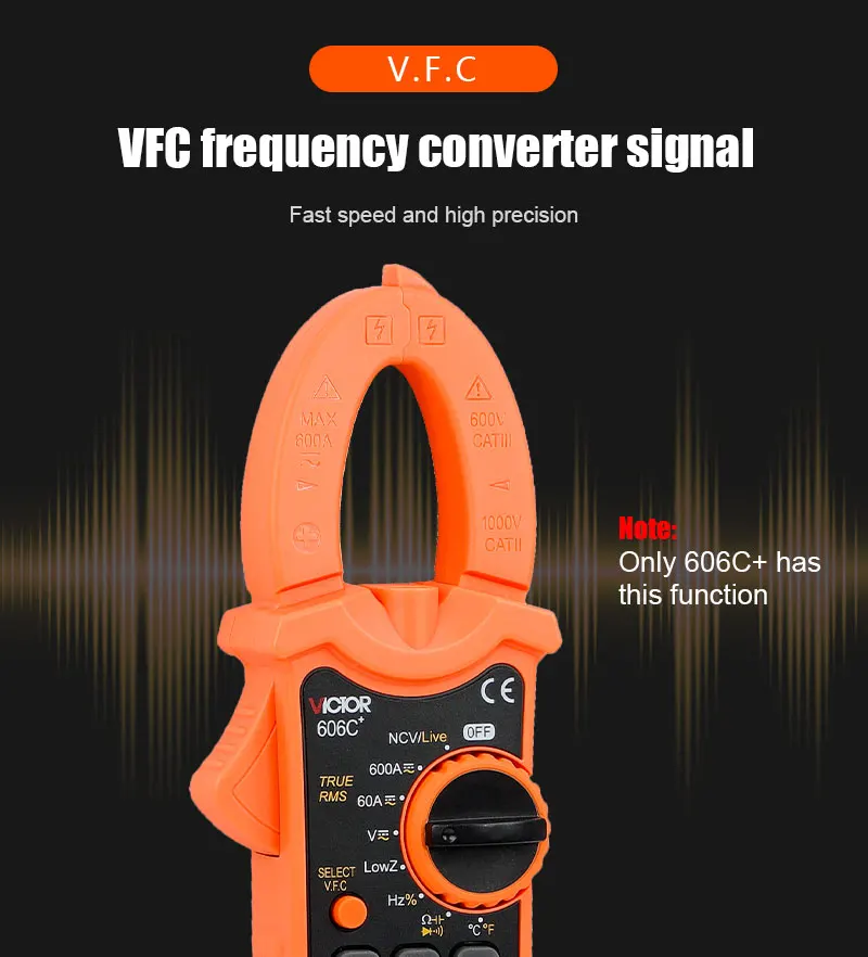 VC606+ Series Low Impedance Clamp Meter 5999 Digit Display 35mm 600A Inrush Curr