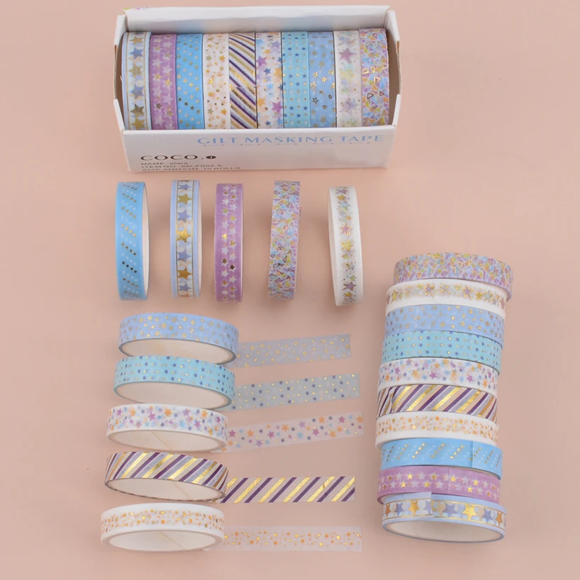 10Rolls Stars Washi Tape Decorative Adhesive Tape School Journal Supplies Gold Foil Scrapbooking Kawaii Stationery