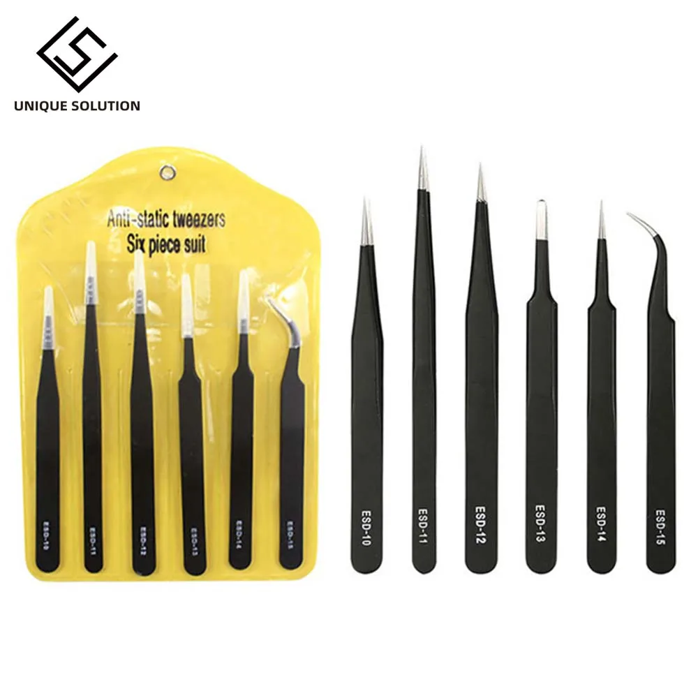 

6pcs ESD Anti-Static Stainless Steel Tweezer Set Maintenance Repair Tool Kit Anti Static Model Making Tool Hand Tool Set