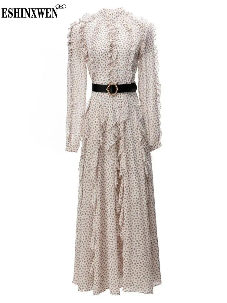 

Eshin Stand Collar Long Sleeve Printing Dot With Belt Dresses For Women 2024 Spring High Quality Luxury Female Dress TH6273