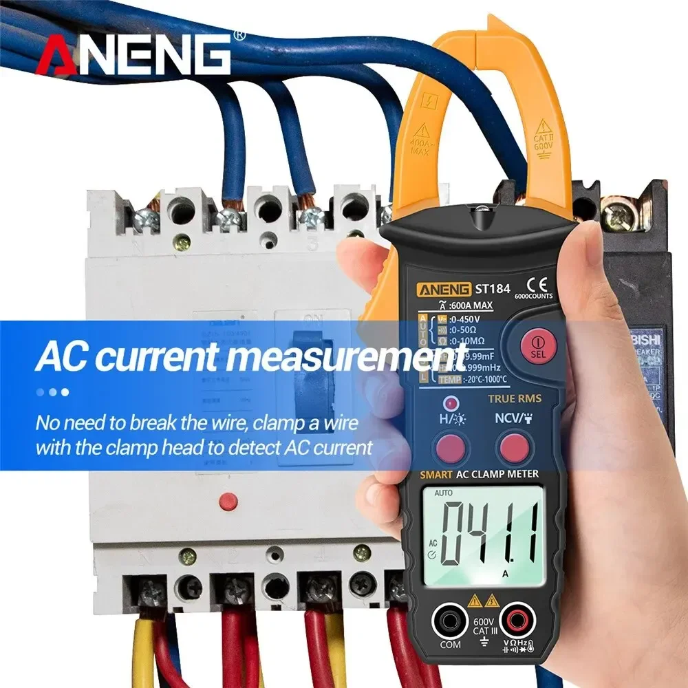 Digital Multimeter ANENG Clamp Meter Multimeter Digital AC/DC Voltage Current Tester Hz Capacitance Ohm Temperature True RMS 6000 Counts Test ST184