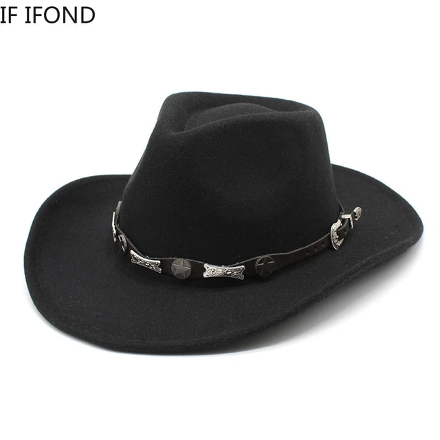 Classic Felt-Western-Cowboy-Cowgirl-Hats for Women-Men Fedora-Jazz-Hat with Belt Black(Lagre)