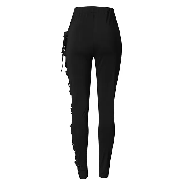 Punk Gothic Black Pants for Women Y2k Streetwear Rivet Lace Up Slim Pants High Waist Leggings Full Length Trousers Sweatpants 4