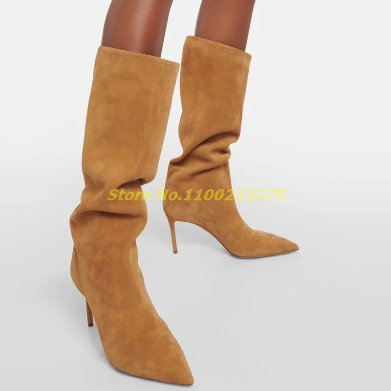 

Tan Suede Knee High Boots Sexy Pointed Toe Stiletto Thin High Heel Slip On Fashion Women Winter Autumn Boots Solid Slouchy Style