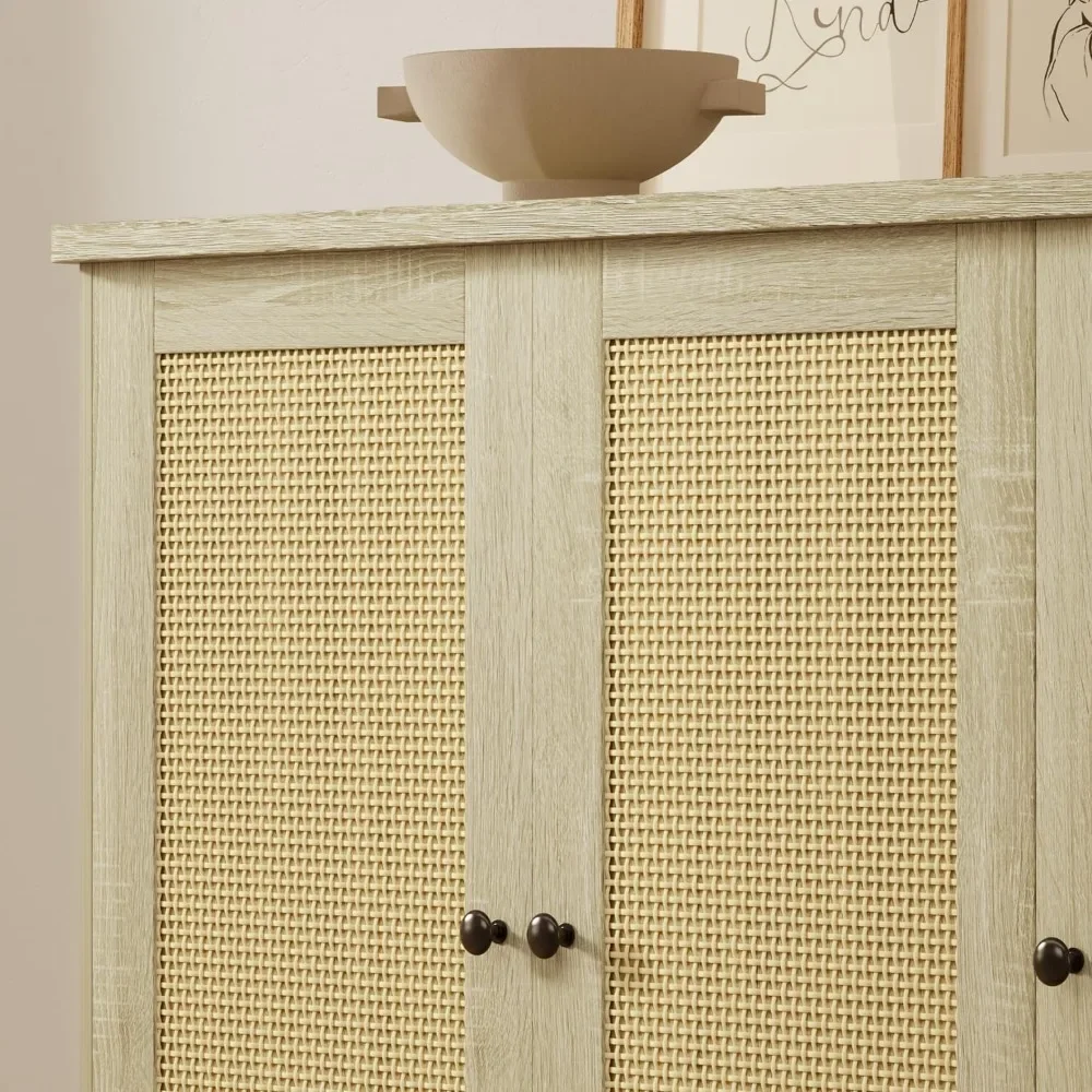 Gizoon Buffet Cabinet Storage, Kitchen Sideboard Buffet Storage Cabinet 3 Rattan Decorated Doors, Accent Metal Legs