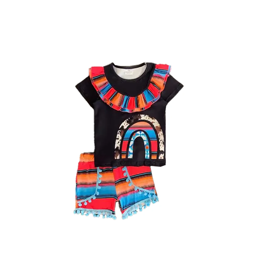 

New Toddler Girls Short Sleeve Rainbow Printed T Shirt Tops Stripe Bell Bottoms Pants Kids Outfits With Baby Rompers