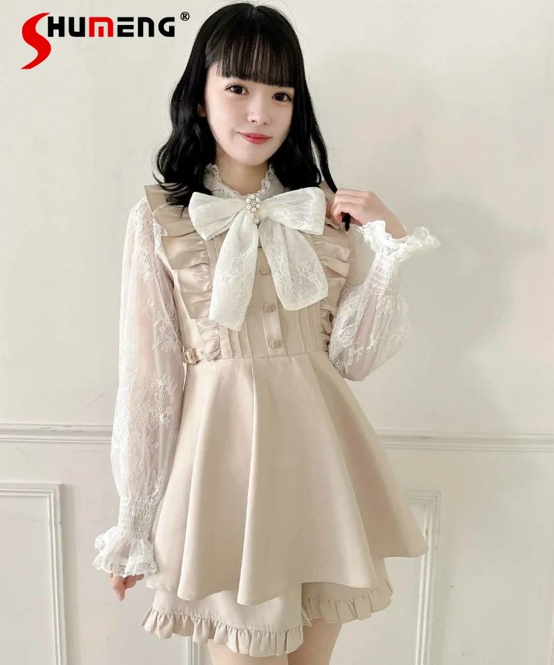 Japanese Style Kawaii Outfit Short Dress and Shorts Lolita Sweet Lace Stitching Off-Shoulder Color-Blocking Bow Dresses Suits