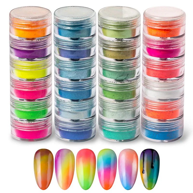 

6 Colors Nails Pearlescent Smudge Powder Colorful Candy Coat Effect Paint Fluorescent Smudged Nails Art Decorations DIY Supplies