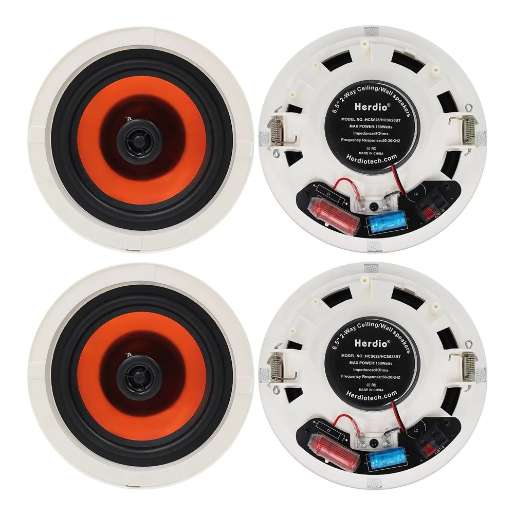 6.5" 4 PCS Ceiling Speakers Herdio Home Recessed Speaker System Max Power 600 Watts For Kitchen Bedroom Bathroom Covered Patio wall ceiling speaker
