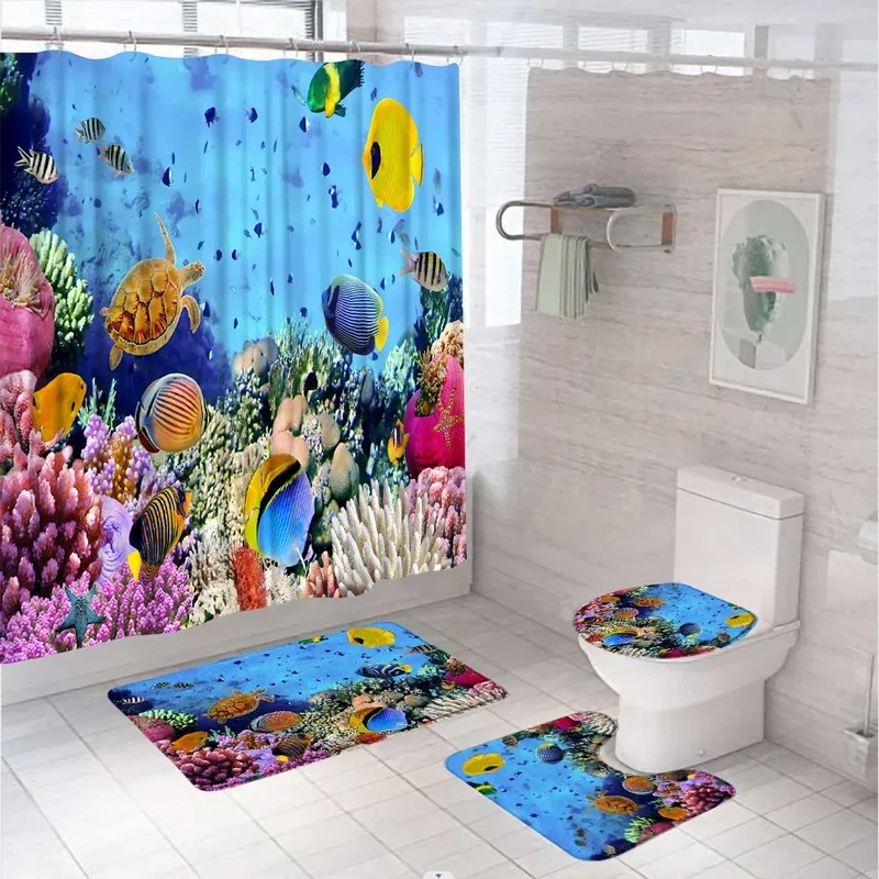 Ensemble Salle De Bain Dauphins - Rideau Douche 180x180 Cm + Tapis AZHM