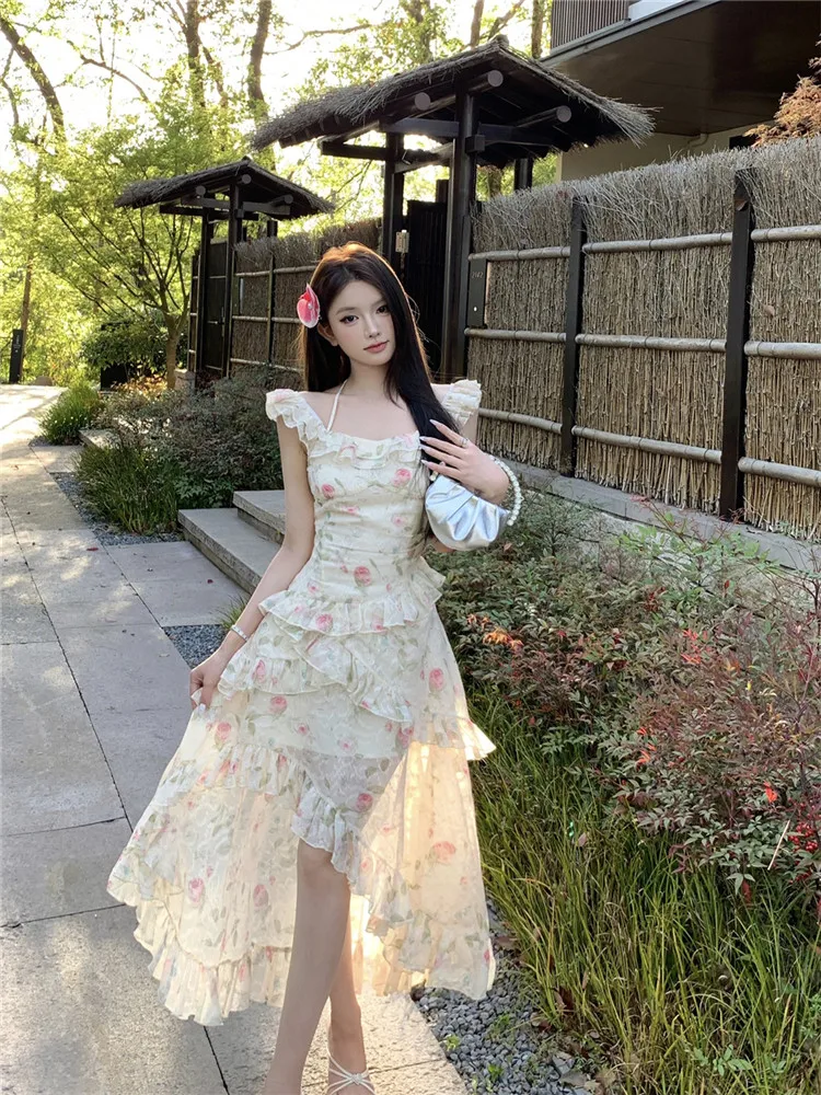 

Fashion Holiday Floral Print Sexy Ruffles Irregular Dress New Summer Halter Flying Sleeve Party Dress A Line Fairy Photo Dress