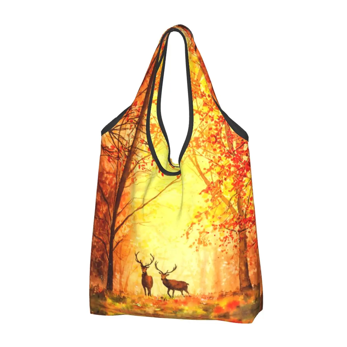 Beautiful Autumn Art Maple Leaves Shopping Bags Reusable Grocery Eco Bag Large Capacity Aesthetic Deers Fall Season Bag Handbag autumn winter striped mother kids knitted hat vintage hand hook colorful wool hat handbag warm knitted gloves