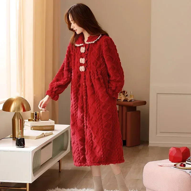 

Home Autumn Nightdress Indoor Robes Sleepshirts Women Sleepwear Clothes Nightgowns Coral Dress Long Keep Fleece Warm Bow Winter