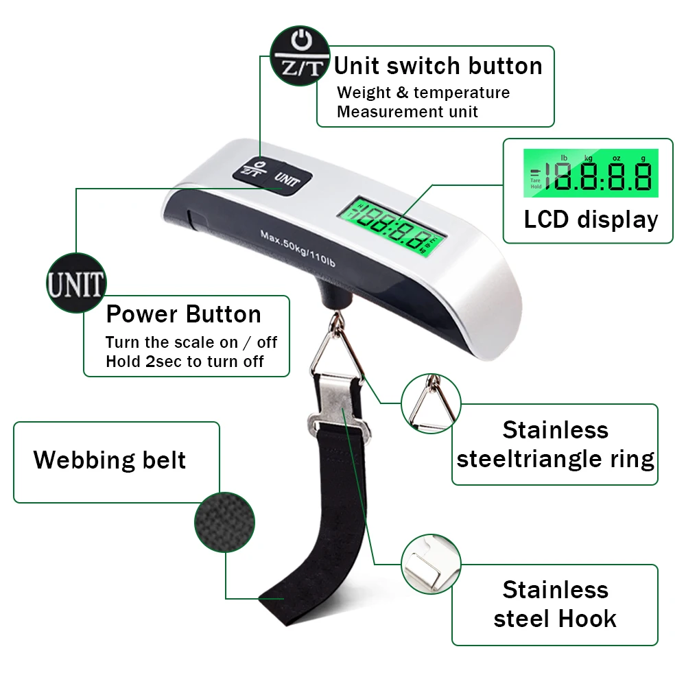 Mini Luggage Scale 50kg/110lb Digital Electronic Travel Weighs Portable  Suitcase Scales Hook Steelyard Balance Weight