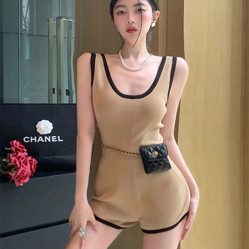 

Backless Gentle Lady Knitwear Women Solid Rompers Bodycon Color Contrast Slim Korean Sexy Playsuit Summer Bodysuits Sleeveless