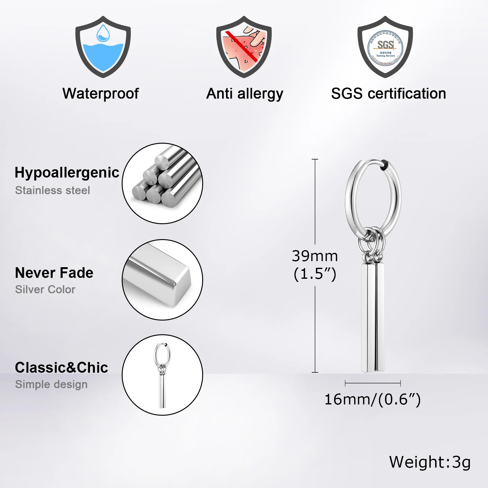Vnox Punk Rock Geometric Bar Dangle Earrings for Men Boys