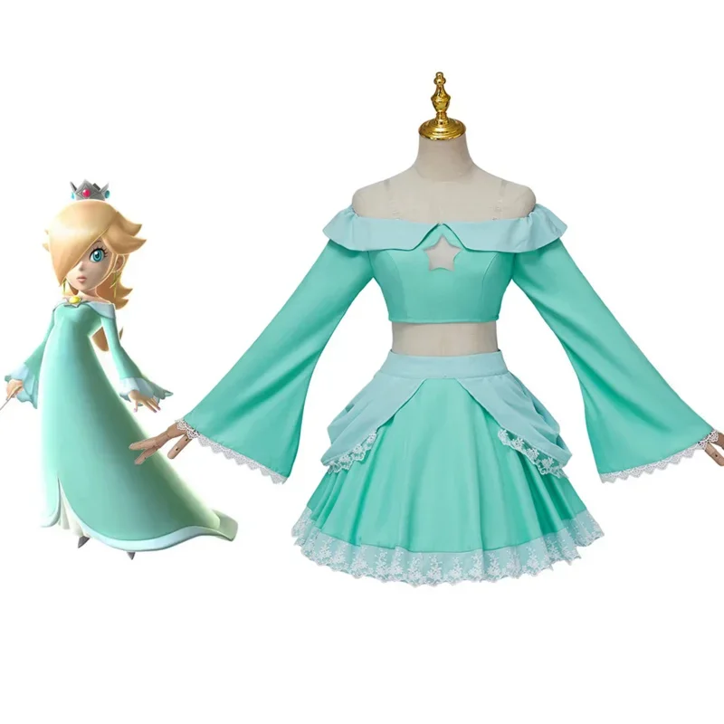 

Женский костюм принцессы Rosalina, костюм для косплея на Хэллоуин, Симпатичные Светло-Голубые короткие топы и юбки, комикс, костюм принцессы со звездой Галактики