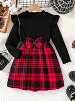 Printemps et automne enfants mignon mode robe filles décontracté couleur unie col rond aile manches chemise rouge jupe à carreaux robe de cérémonie s 1