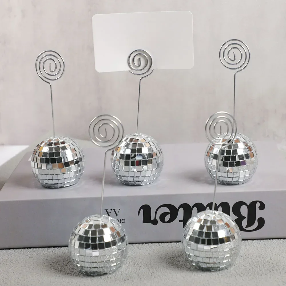 Creative Mirror Ball Card Holder Message Table Name Number Card Clips for 70s Disco Theme Wedding Birthday Party Decoration