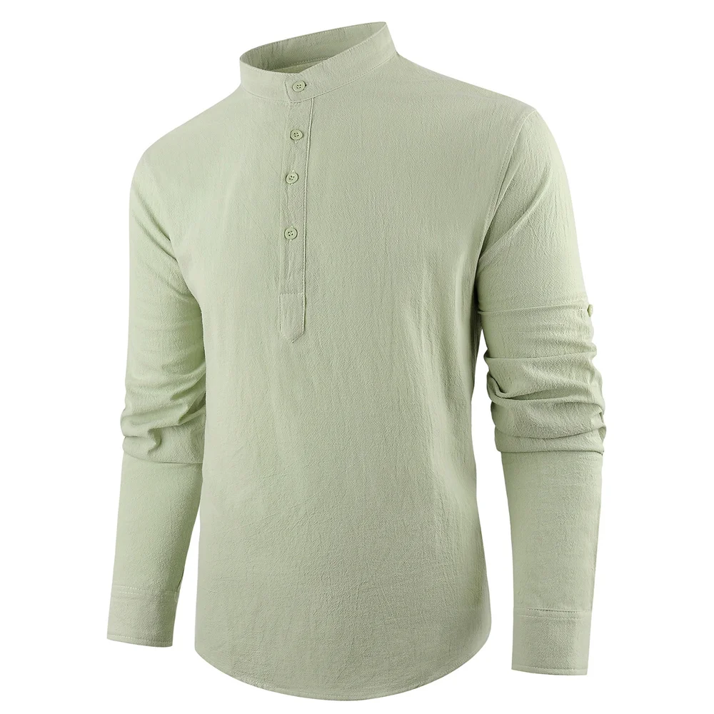 Frühling Sommer Neue männer Langarm Henley Neck Männliche Polo-Shirt Baumwolle Leinen Leichte Atmungsaktive Grundlegende Stil Taste Top – Detail 13