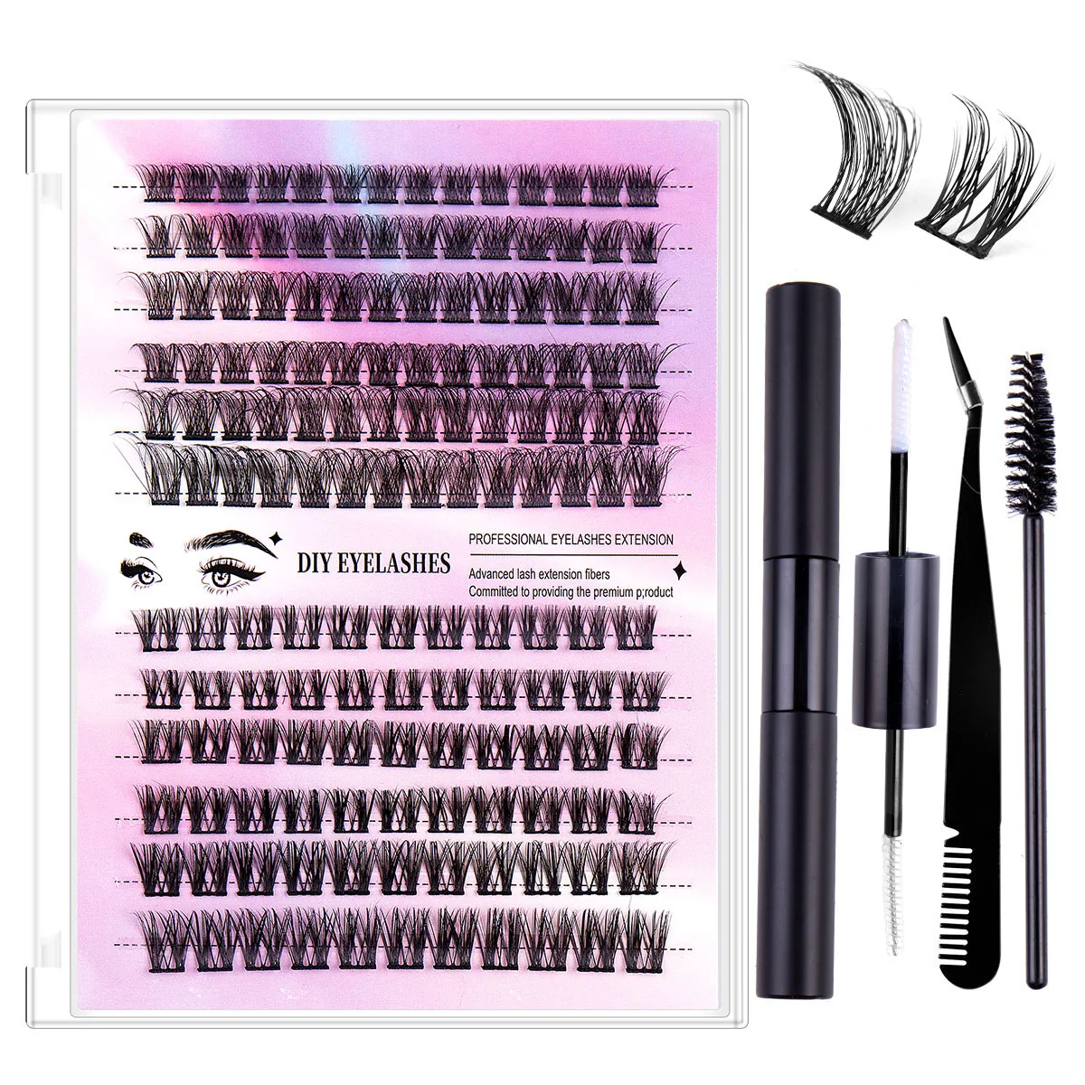 

12 Lines DIY Eyelash Extension Kit With 2in1 Lash Bond&Seal And Lash Glue Remover Tweezer Mixed Individual Cluster Lashes Tools