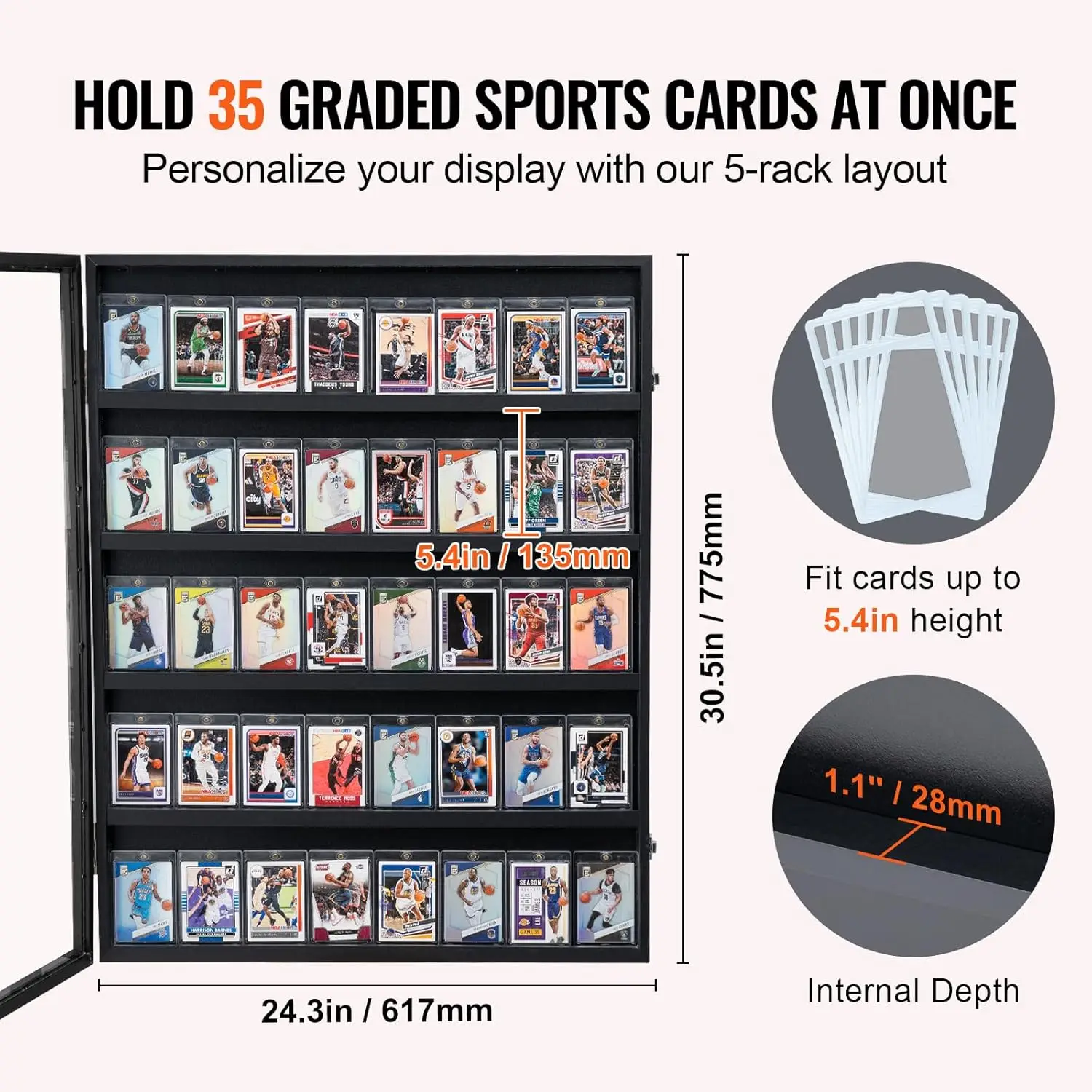 35 Graded Sports Card Display Case, 24.3x30.5x2.1 in, Baseball Football Basketball Hockey Trading Card Frame