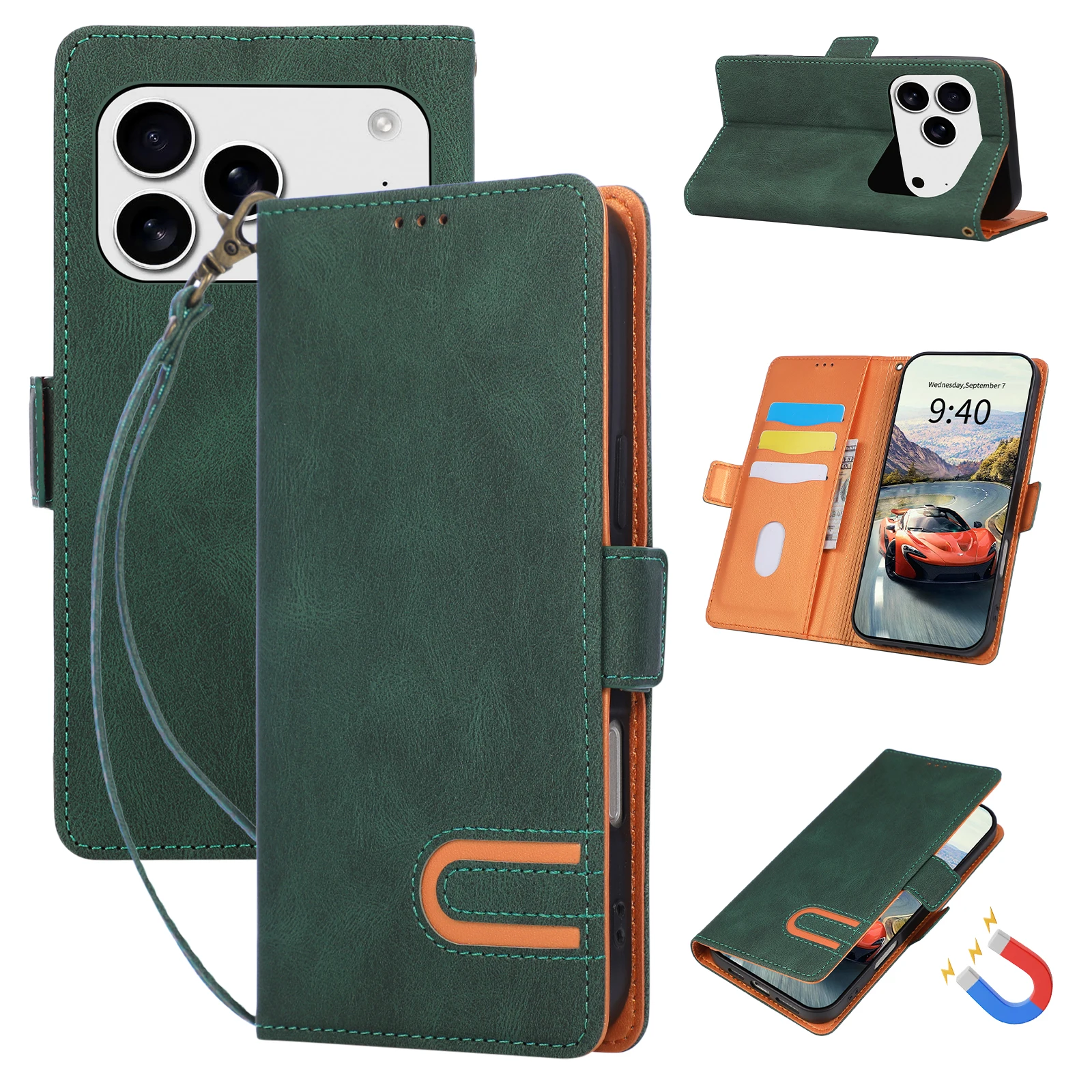 Leather U-Shaped Lanyard Wallet Phone Case with Shockproof Wrist Flip Cover and Card Slots