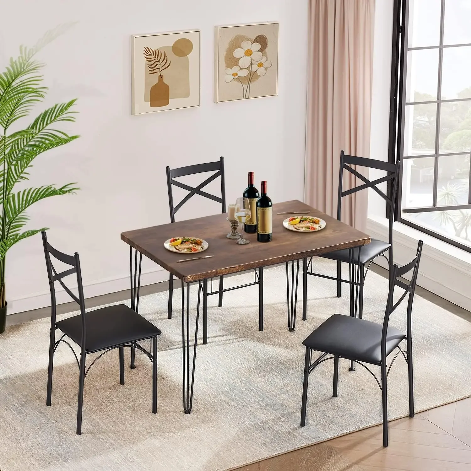 

Kitchen Dining Room Table Set for Dinette, Breakfast Nook, 4 PU Metal Frame Chairs,Rectangular, Set of 5, Brown