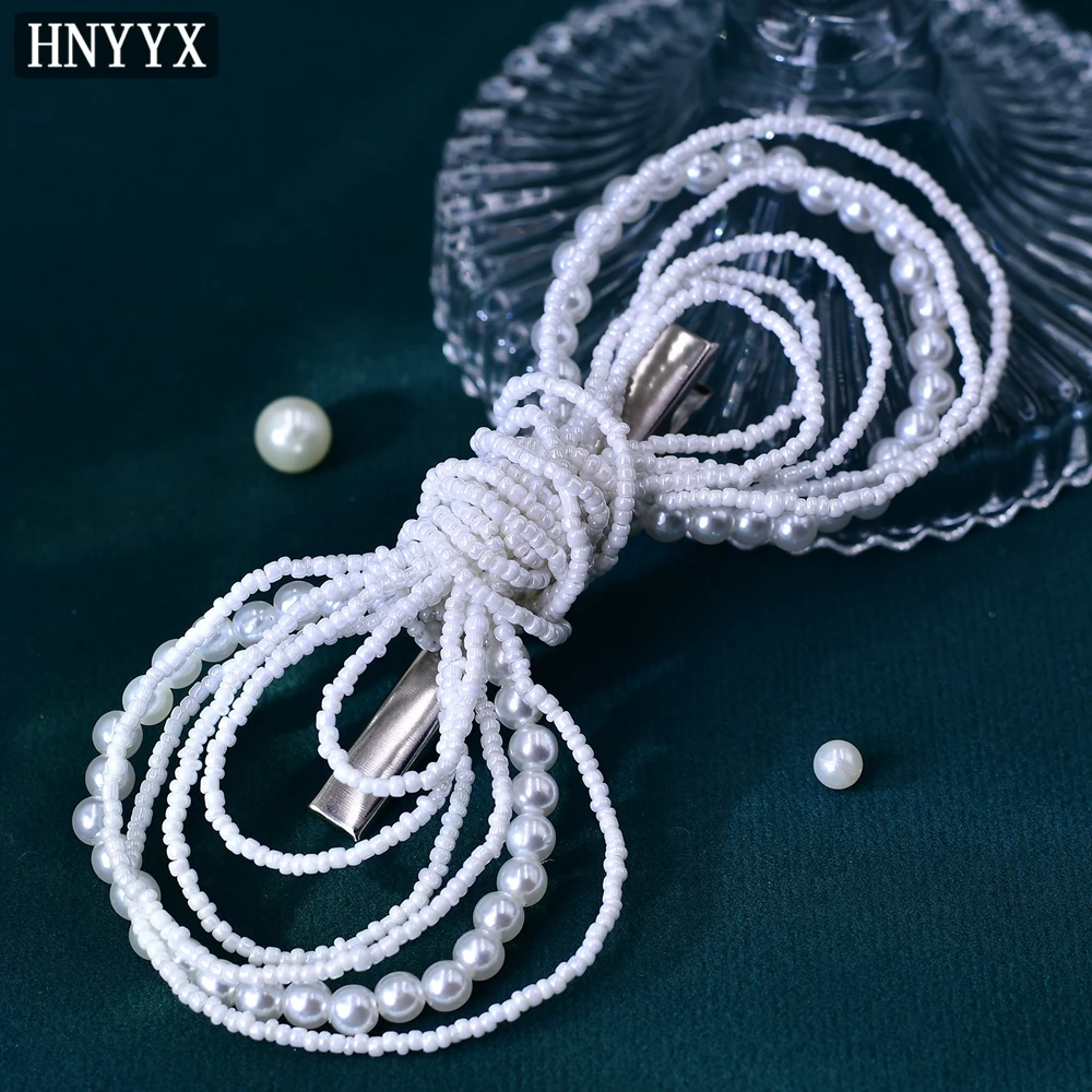 HNYYX White Crystal Bow Hair Clip Pearl Hairpin Elegant Party Headdress Fashion Headwear Wedding Hair Jewelry for Women A93