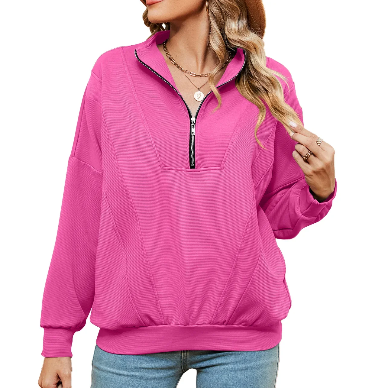 Autumn and Winter New Solid Color Zipper Long Sleeve Loose Pullover Sweater Coat for Women