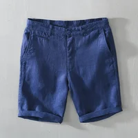 L8216 Mid Waist Linen Beach Shorts Summer Men Simple Business Casual Straight Pockets Solid Color Zipper Work Knee Length Pants 1
