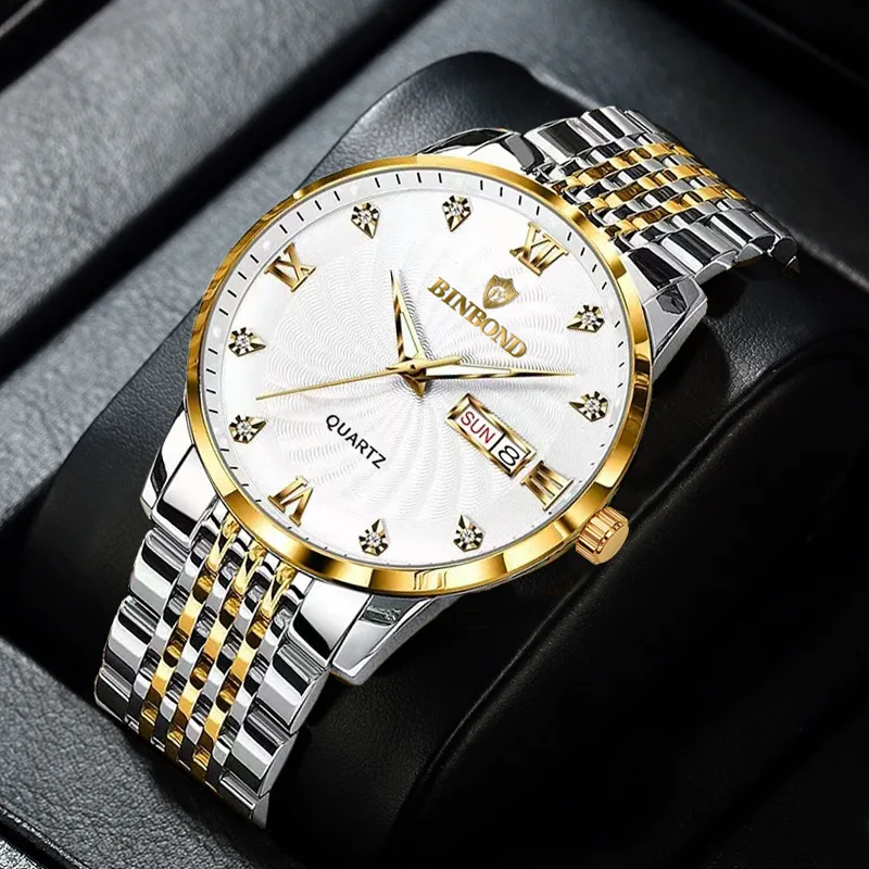 

High Quality Business Men Luxury Watches Stainless Steel Quartz Wrsitwatches Male Auto Week Date Clock with Luminous Hands