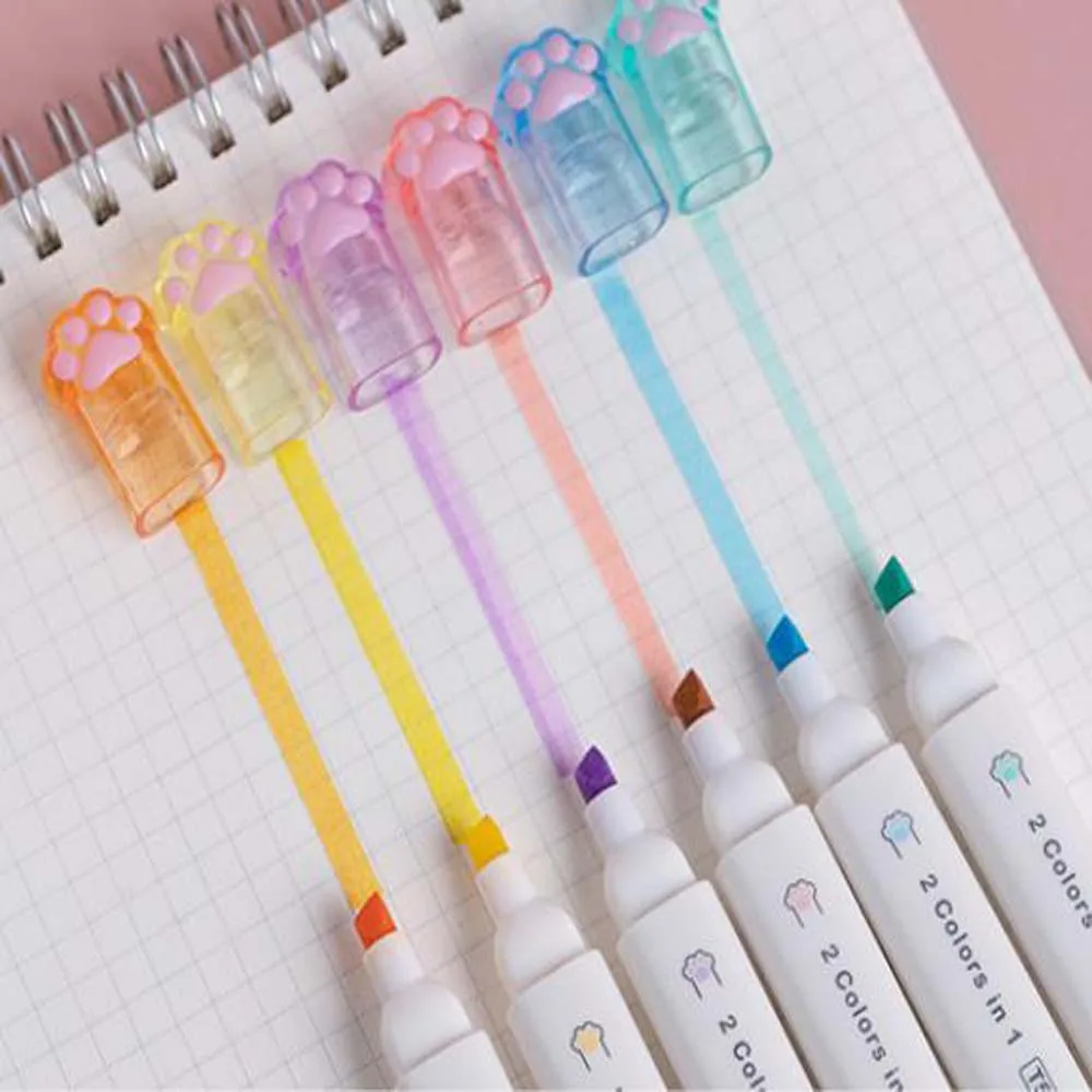 Highlighter Marker Creative Cat Claw 6 Double Head Highlighters Square Design Not Easy to Drop Student Stationery