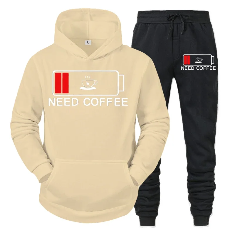 thumbnail image 1 of Conjunto de 2 piezas de sudadera y pantalón divertidos para hombre con estampado "Need Coffee" de manga larga con capucha y patrón de batería baja, ropa deportiva, 1 of 5