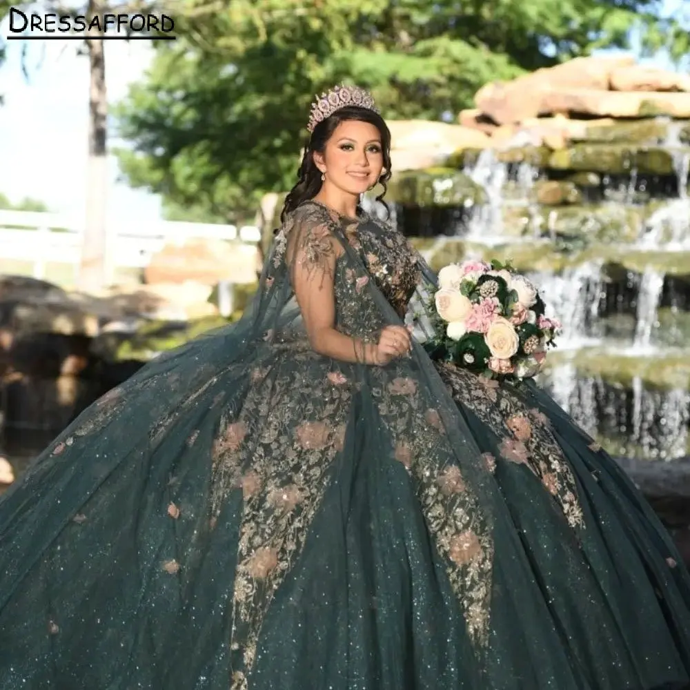 

Blackish Green 3D Flowers Corset Quinceanera Dress With Cape Ball Gown Gold Crystal Appliques Graduation 7th Vestido De XV Anos