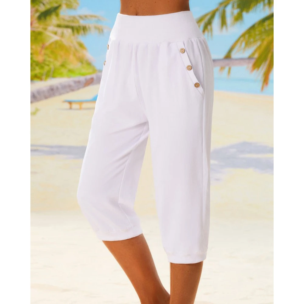 Women Button Pocket Design Capris Casual White Pants Lady Solid Color Wide Leg Long Trousers Woman Workwear Vacation