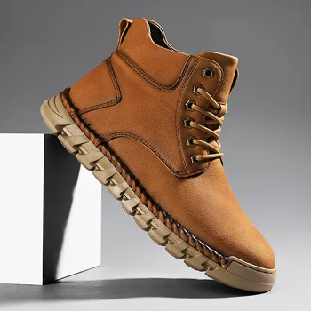 Men’s Classic High-Top Winter Boots – Lace-Up Leather Ankle Motorcycle Boots with Plush Lining 1