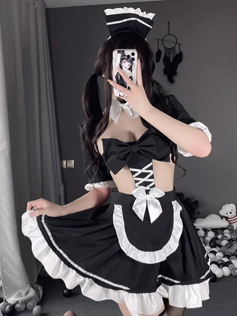 

New Style Summer Sweet Romantic Hollow Bowknot Erotic Sheer Charm Role Play Dress Maid Passion Sexy Uniform Seductive Cute DSGG