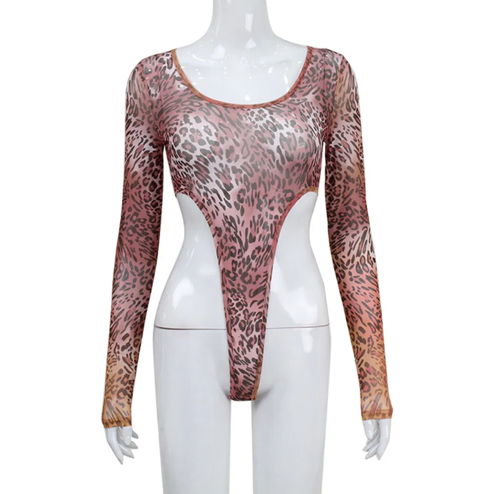 BKLD Clothes For Women Mesh Perspective Sexy Leopard Print One Pieces Long Sleeve High Waist Y2k Streetwear Top Female Bodysuits