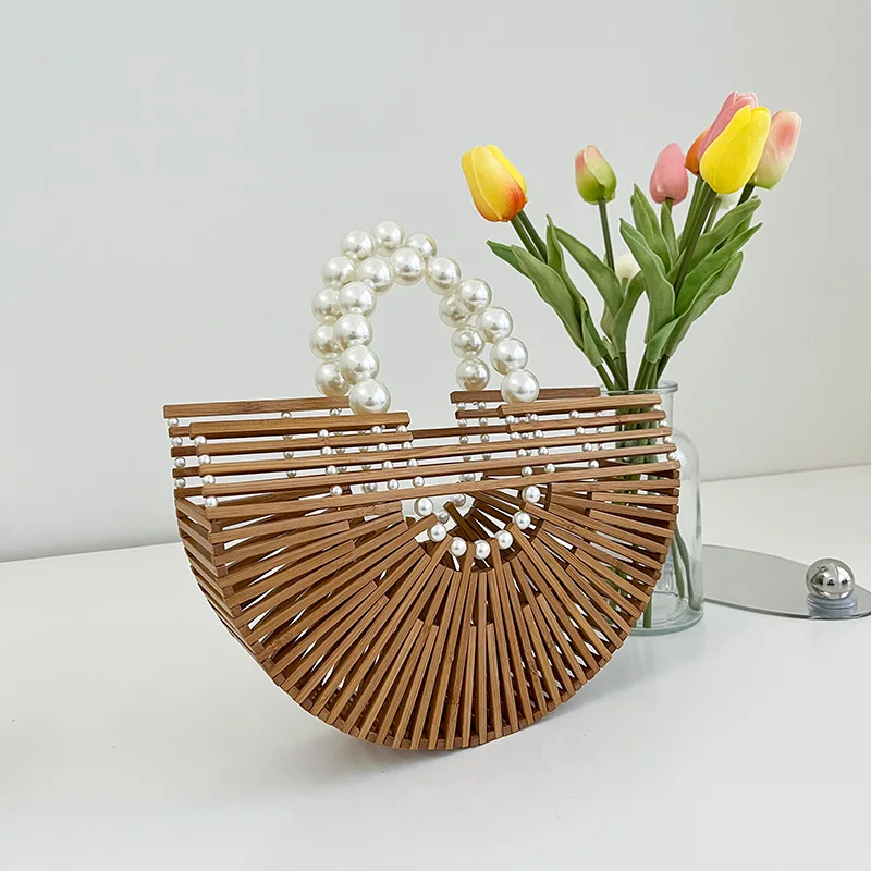 High Quality Handmade Bamboo Handbag Pearl Handle Design Women
