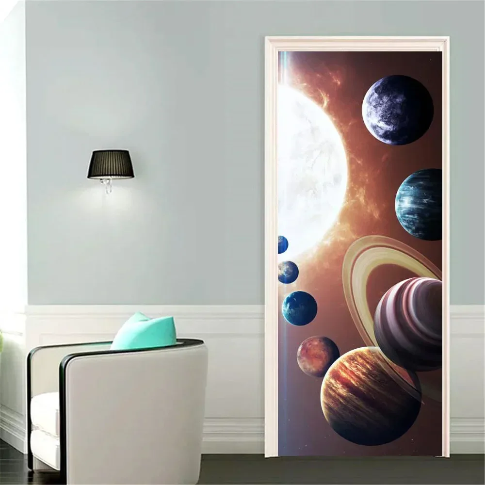 Universe Planets Door Stickers Wallpaper Cosmic Galaxy Starry Sky Doors Murals Shining Solar System Decals Poster for Home Decor