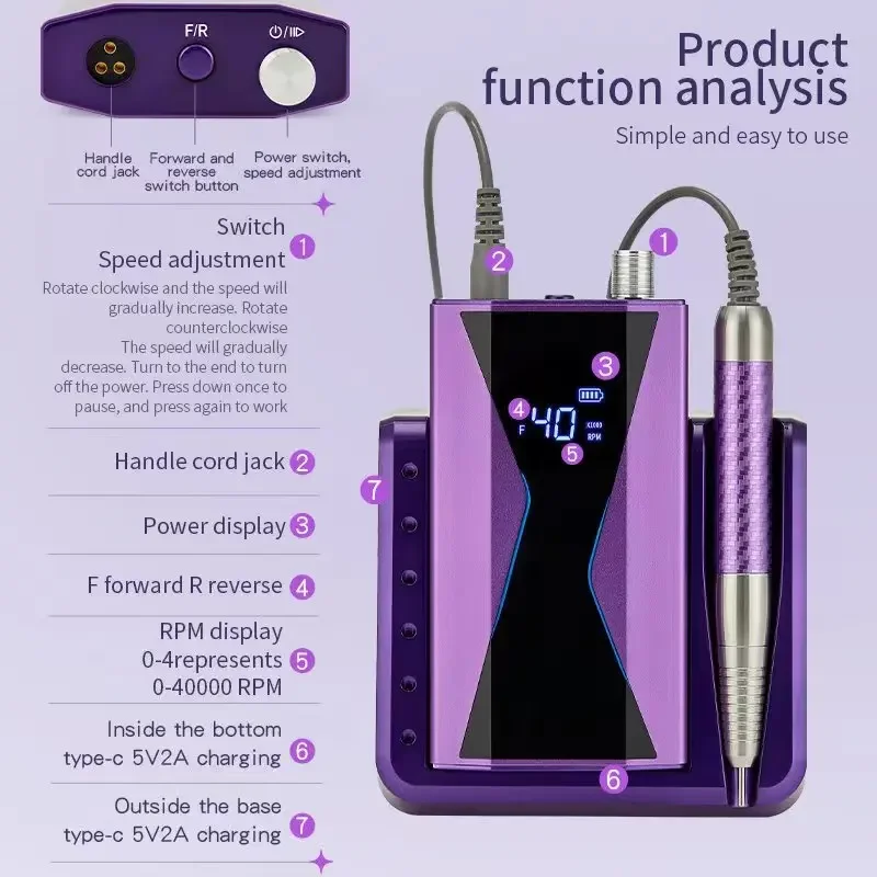 Brushless 40000RPM Electric Nail Drill Machine 85W Handle Manicure Portable Polishing Tool Nail Drill Rechargeable Nail Art 4