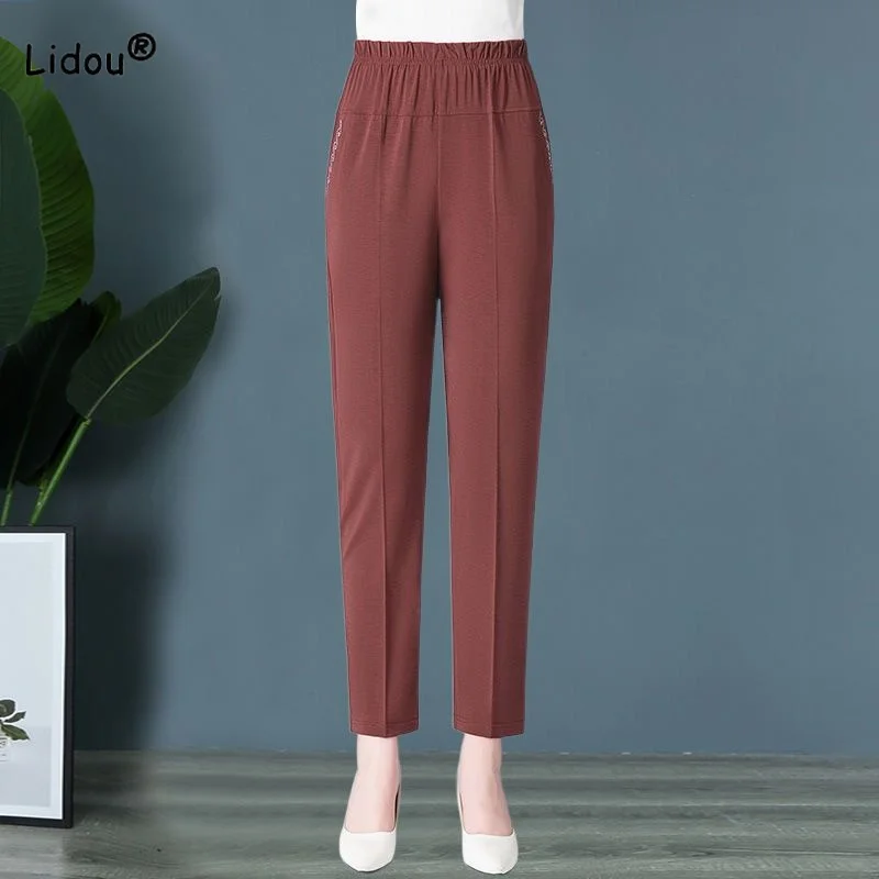 Summer New Women's Clothing Fashion Casual Solid Color Pants Office Lady Elastic High Waist Simplicity Pants Cropped Trousers