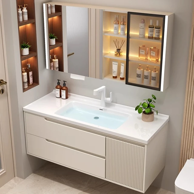 ตู้เก็บของในห้องน้ำสุดหรู ทำจากไม้และกระจก สำหรับจัดเก็บอุปกรณ์อาบน้ำ ตู้เก็บของในห้องน้ำสุดหรู เฟอร์นิเจอร์โรงแรม 1