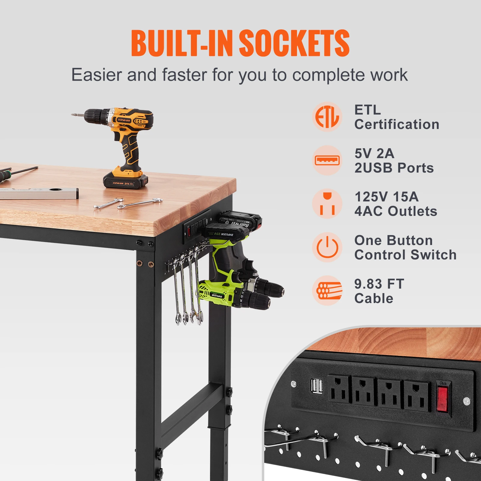 Adjustable Wood Workbench with Power Outlets for Garage
