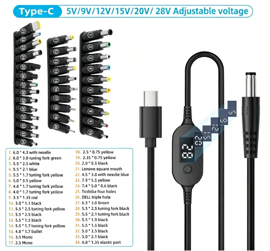 Adjustable Voltage USB-C to DC Power Cable - 140W Adapter Connector