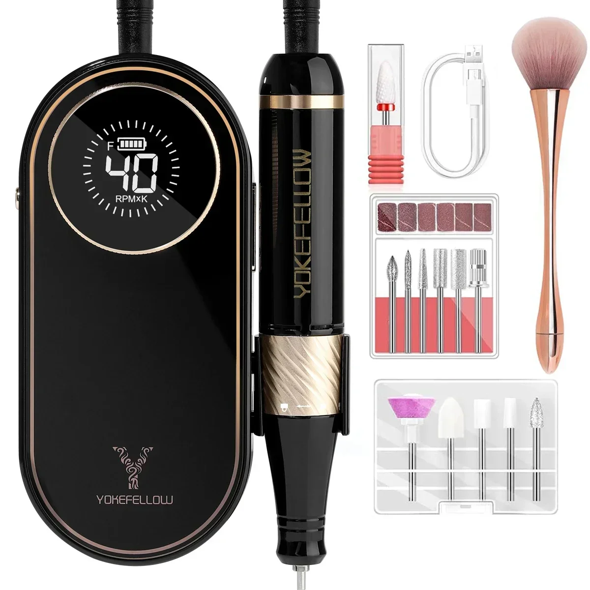 Yokeande-ポータブル電動ネイルドリルマシン、充電式、40000rpm